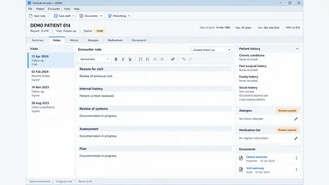 Reconstructed desktop EMR with a draft encounter note, patient record tabs, visit history, and clinical context.