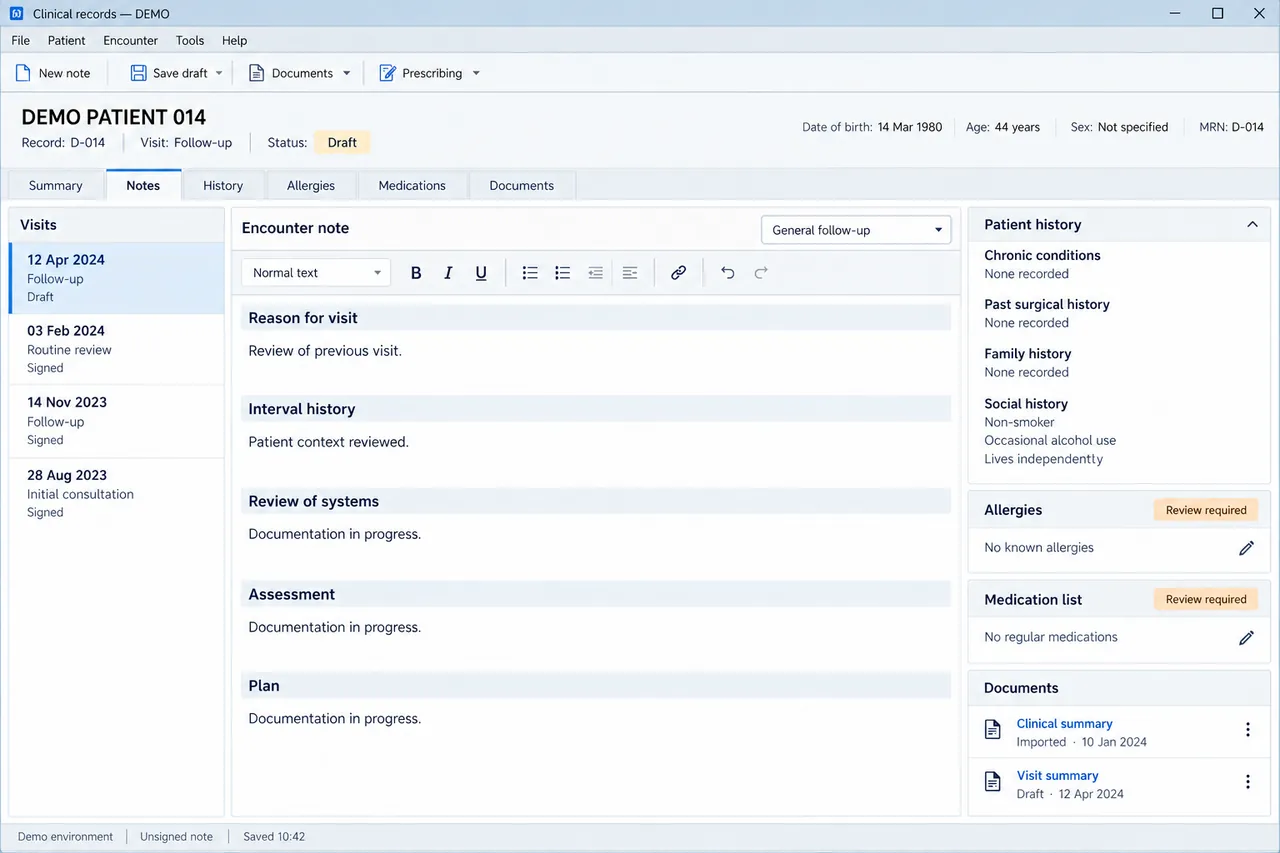 Reconstructed desktop EMR with a draft encounter note, patient record tabs, visit history, and clinical context.