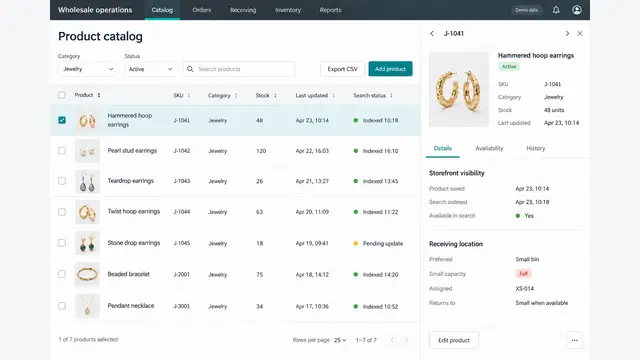 Reconstructed wholesale product administration showing jewelry records, search visibility, and a receiving-bin assignment.