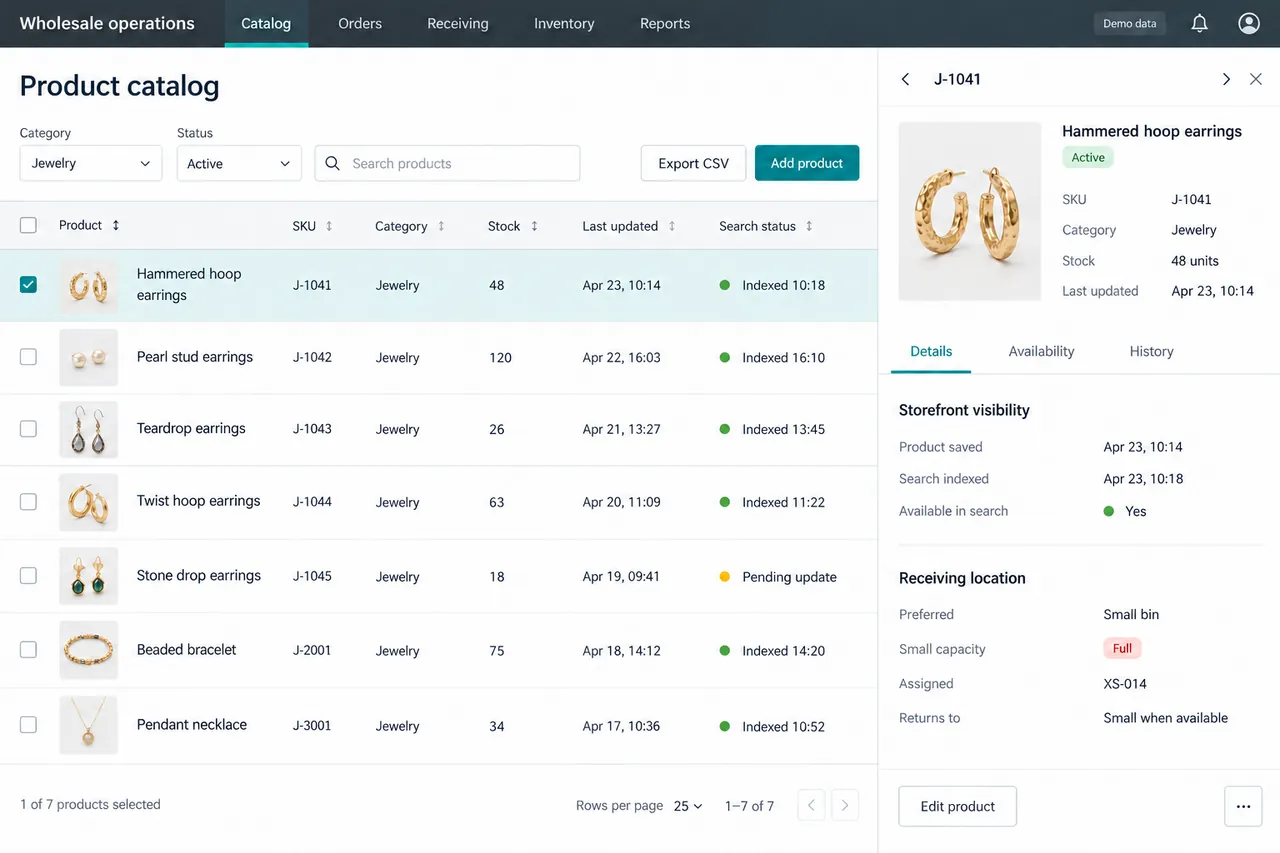 Reconstructed wholesale product administration showing jewelry records, search visibility, and a receiving-bin assignment.
