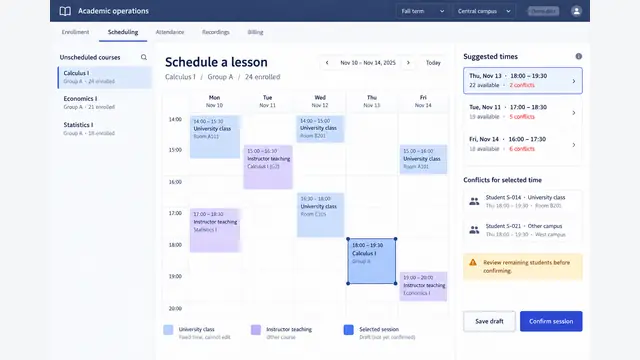 Reconstructed tutoring scheduling screen with a weekly timetable, suggested lesson times, and student conflicts.