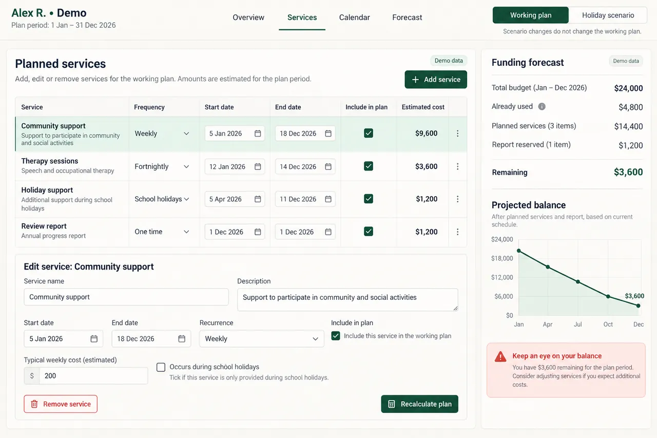 Reconstructed support planner with recurring service costs, a separate scenario, and a funding forecast with consistent sample totals.
