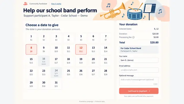 Reconstructed school fundraising calendar with selected dates eight and twelve and a twenty-dollar donation summary before payment.