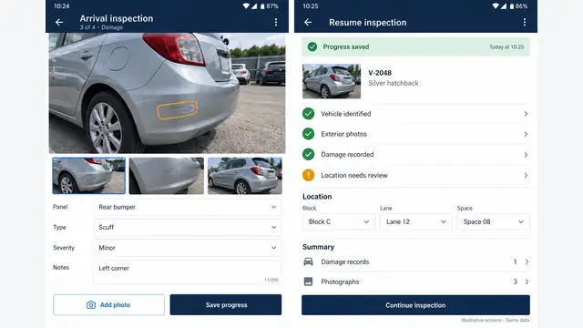 Reconstructed mobile vehicle inspection screens showing a damage photograph, saved progress, and compound location fields.