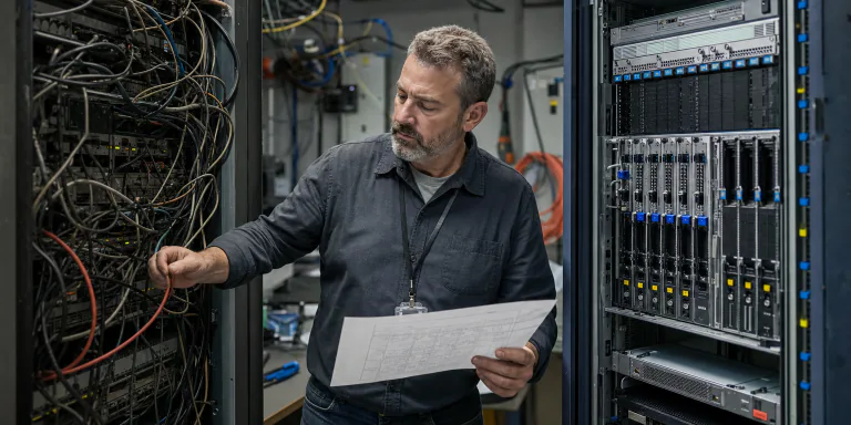 Engineer comparing a tangled legacy rack with a modern system