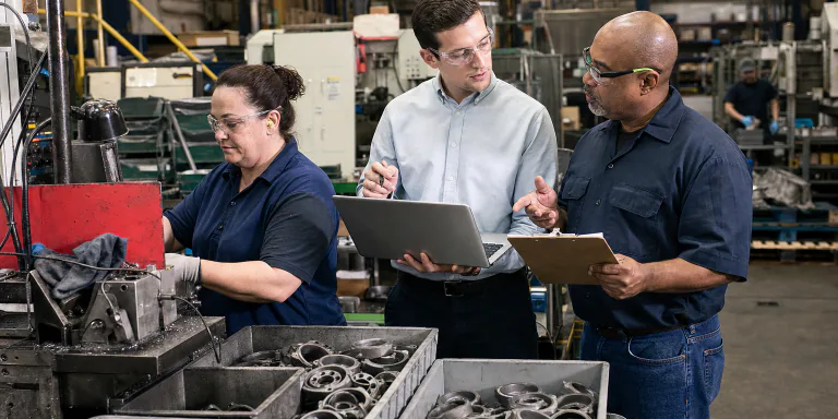 Software analyst learning a manufacturing workflow from operations staff