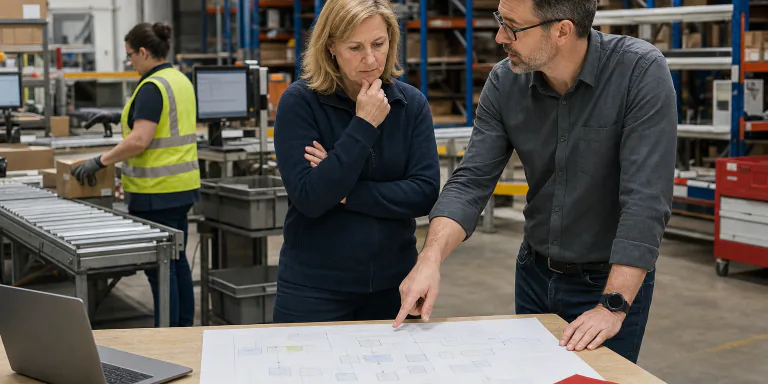 Software architect and operations manager reviewing a live warehouse workflow