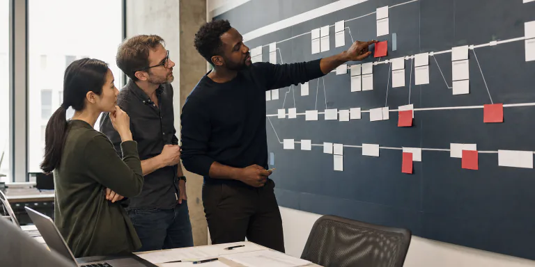 Technology team mapping migration risks on a project timeline