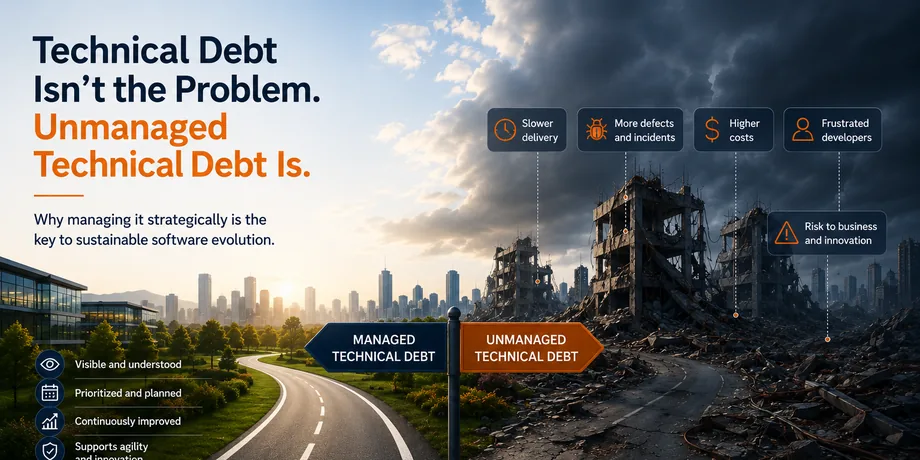 Managed and unmanaged technical debt compared as two different outcomes for a software organization.