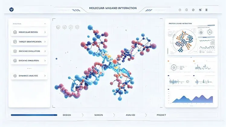 Concept drug-research interface with molecular design, target identification, docking, interaction analysis, simulation, and review controls.