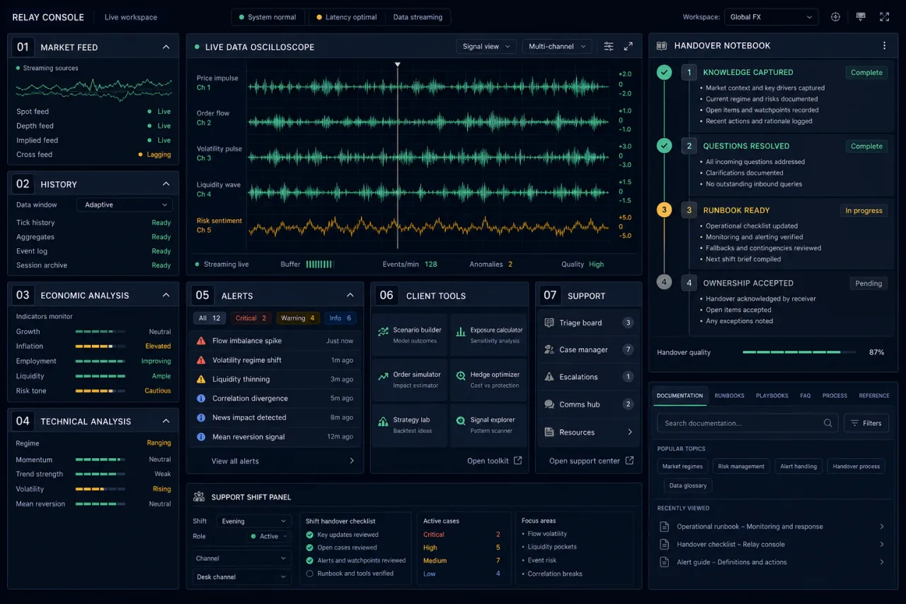 Anonymous foreign-exchange analytics handover workspace with seven product modules, live-data signals, a handover notebook, and support documentation.