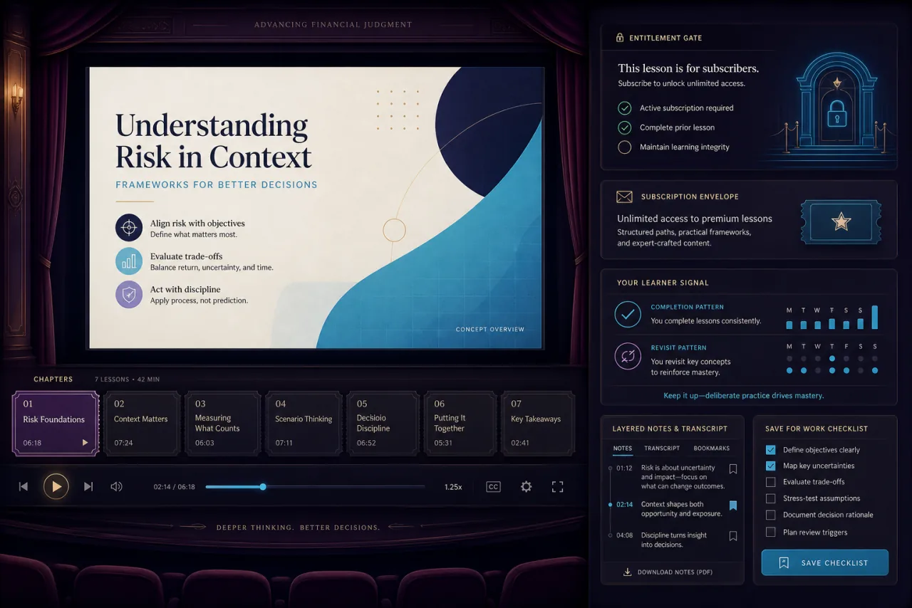 Anonymous finance-learning lesson theater with protected video, chapters, entitlement controls, subscription access, learner signals, notes, and work checklist.