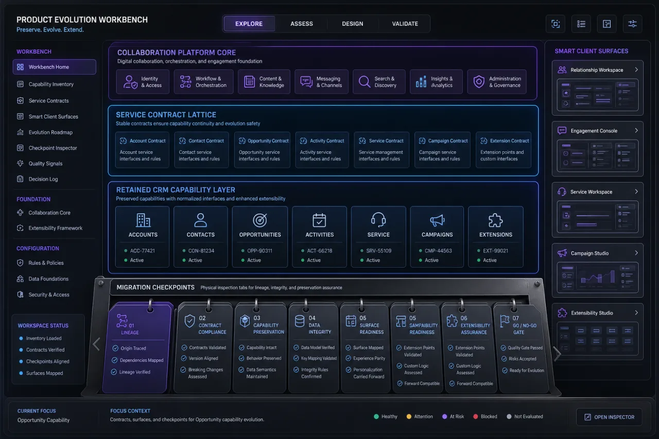 Anonymous CRM product-evolution workbench with a collaboration core, service contracts, retained account and relationship capabilities, smart-client surfaces, and migration checkpoints.