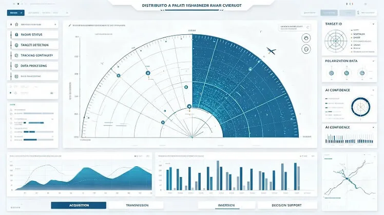Concept radar-monitoring interface with distributed acquisition status, target detection, tracking continuity, processed signals, AI confidence, and trajectory presentation.