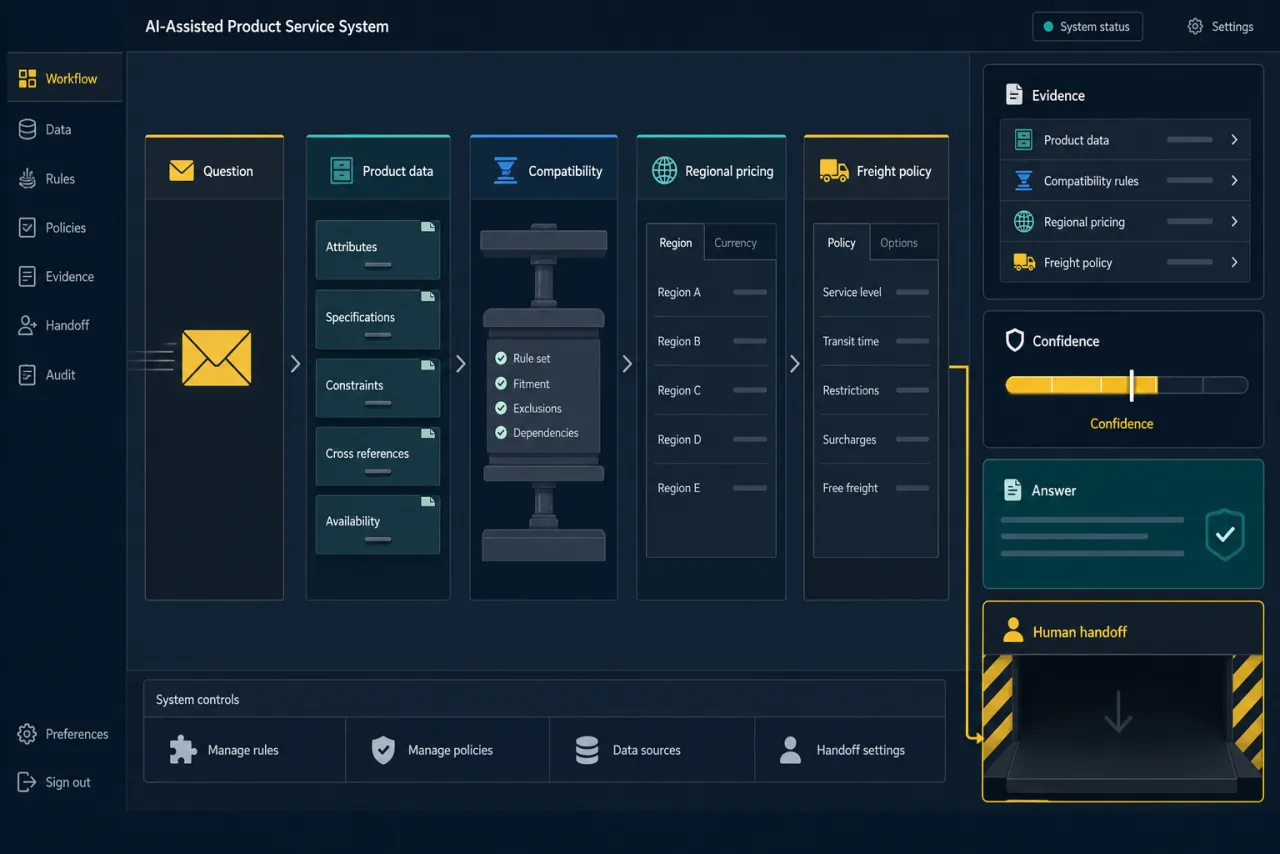 Anonymous AI product-service interface connecting a question to product data, compatibility rules, regional pricing, freight policy, evidence, confidence, and human handoff.