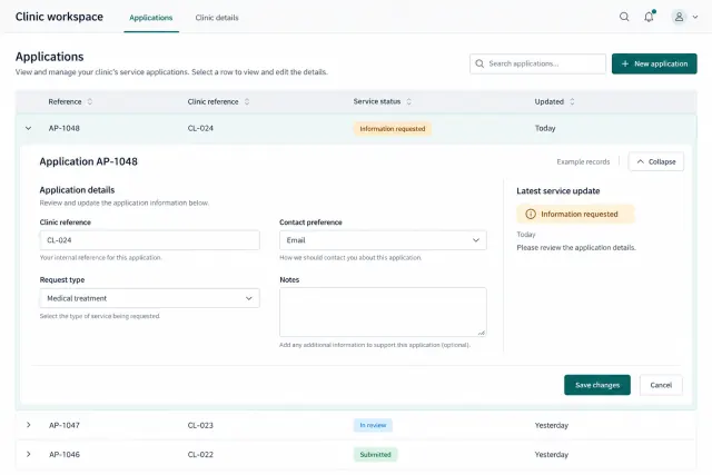 Reconstructed clinic portal with an application list and an expanded record showing clinic entry and the latest service status.