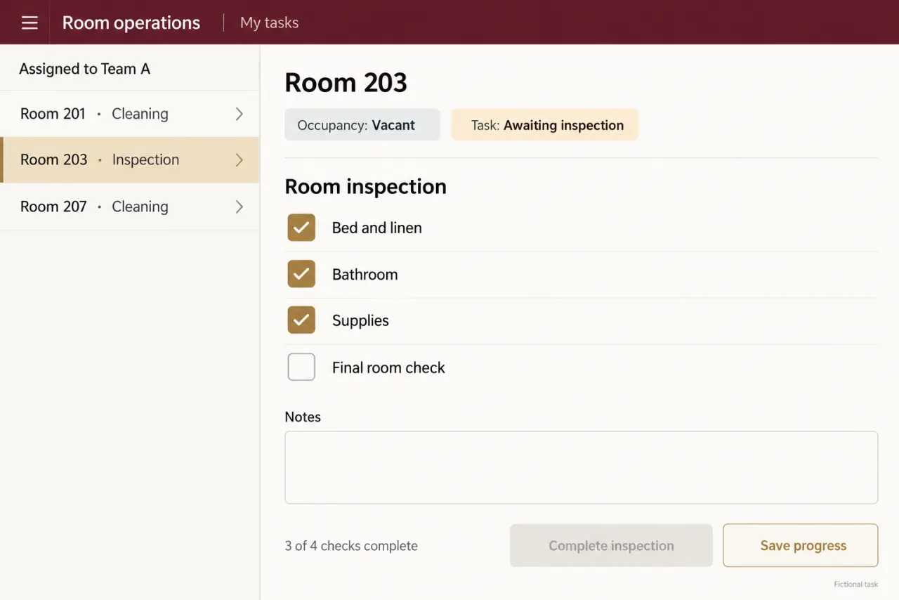 Reconstructed tablet inspection task for room 203, with three completed checks and a separate vacant-room status.