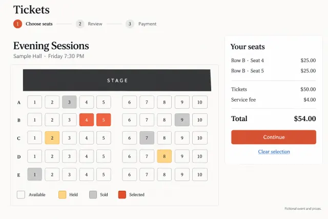 Reconstructed ticket purchase screen with a labeled seat map, selected seats, unavailable seats, and an order summary.