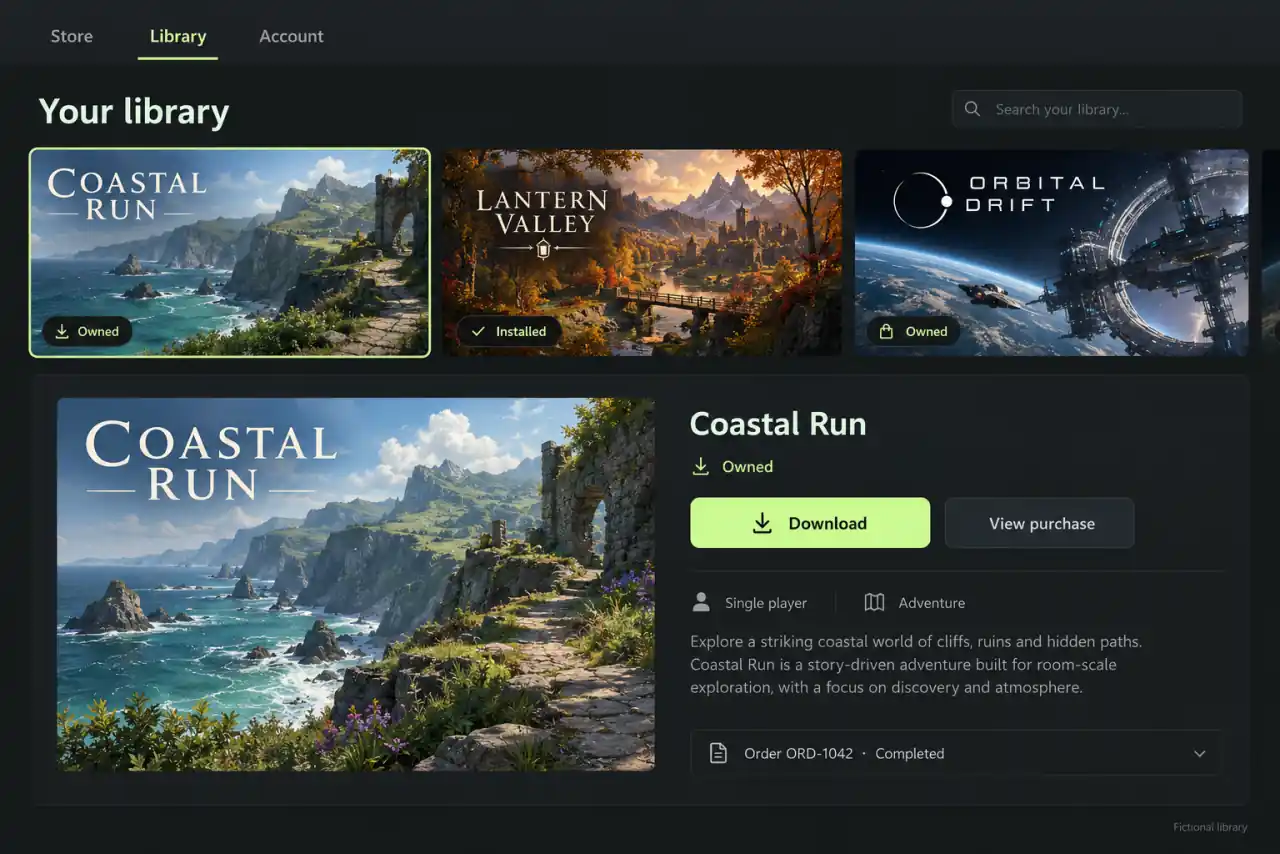 Reconstructed VR companion game library with owned titles, download controls, and a selected game’s purchase record.