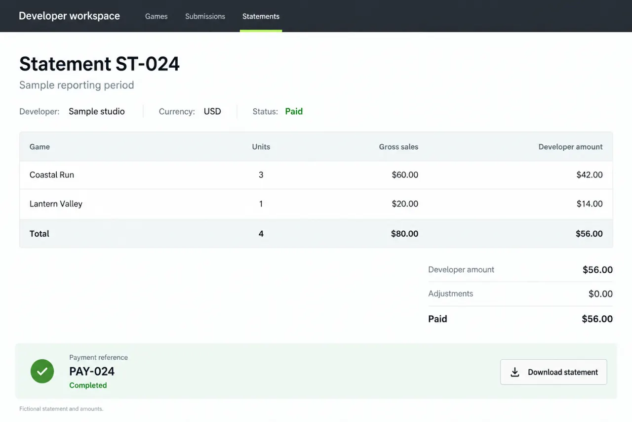 Reconstructed developer statement with fictional game sales, developer amounts, and a completed payment reference.