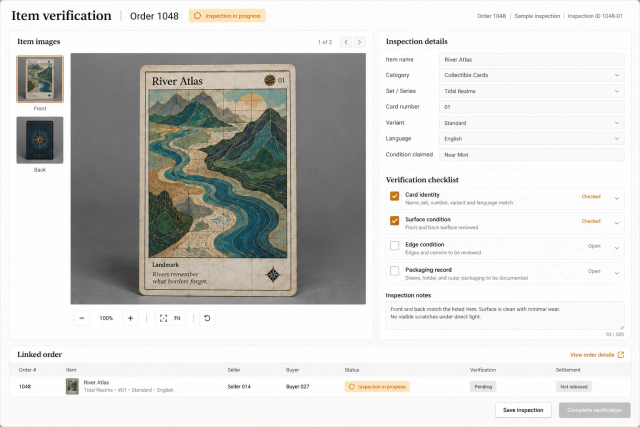 Reconstructed collectible inspection workspace showing a fictional River Atlas card, verification checklist, and linked order.