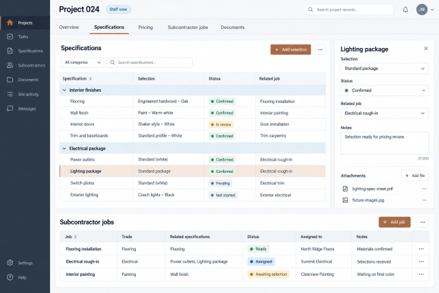 Reconstructed construction project workspace showing specification selections, a lighting-package detail panel, and related subcontractor jobs.