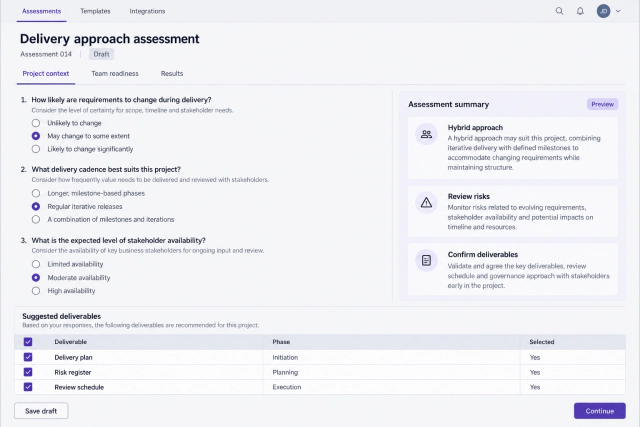 Reconstructed assessment form with project questions, a suggested delivery approach, and recommended planning documents.