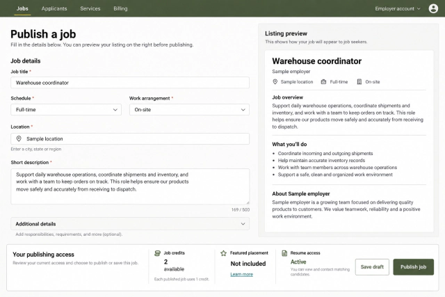 Reconstructed employer workspace with a job-post form, listing preview, promotion credits, and résumé-access status.