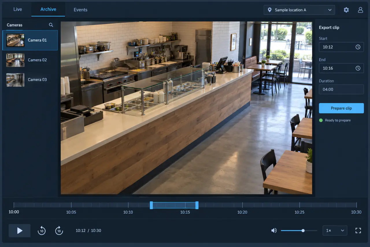 Reconstructed camera archive interface with a fictional empty restaurant, camera list, selected timeline range, and clip-export controls.