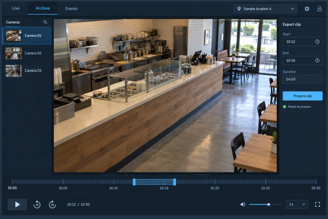 Reconstructed camera archive interface with a fictional empty restaurant, camera list, selected timeline range, and clip-export controls.