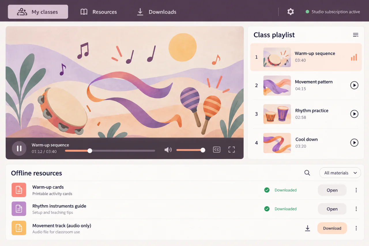 Reconstructed teacher content application with a lesson playlist, media playback, offline resources, and an active studio subscription.