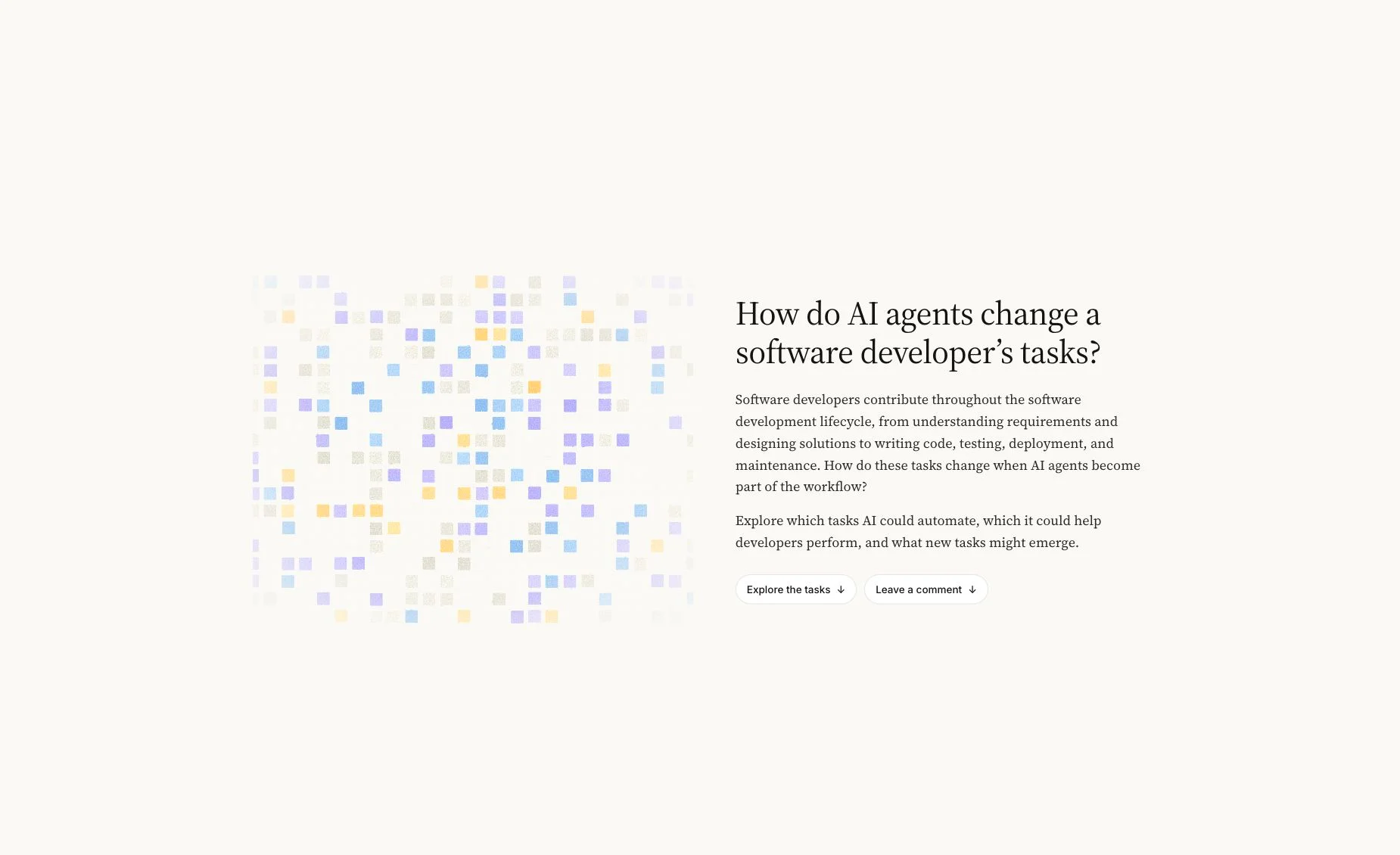 Shinetech Developer Tasks page, with a colored task mosaic and an invitation to explore how AI changes software work.