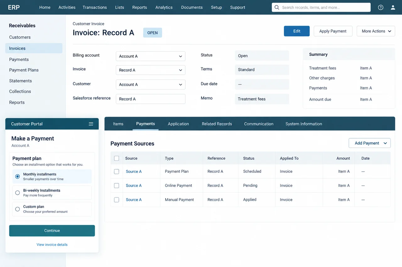 NetSuite-style receivables record and a separate guardian installment-plan portal preview.