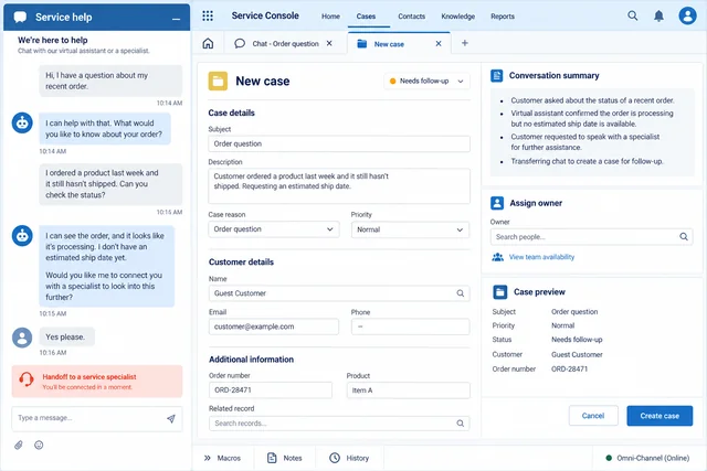 Website chat beside a Salesforce-style case composer and conversation summary.