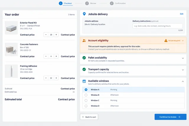 Jobsite checkout showing a basket and account, pallet, and transport validation.