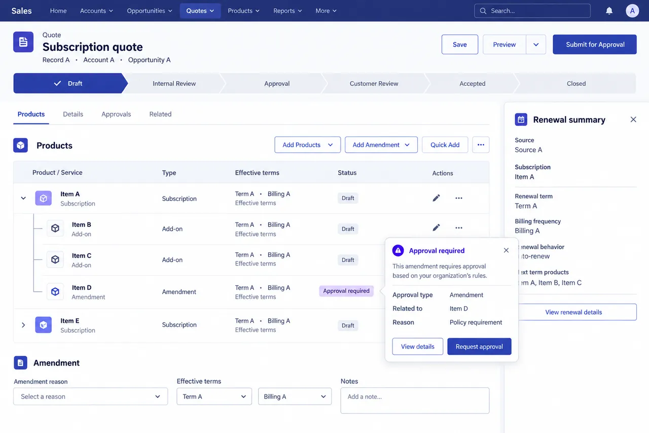 Subscription quote editor with amendment rows, approval context, and renewal terms.