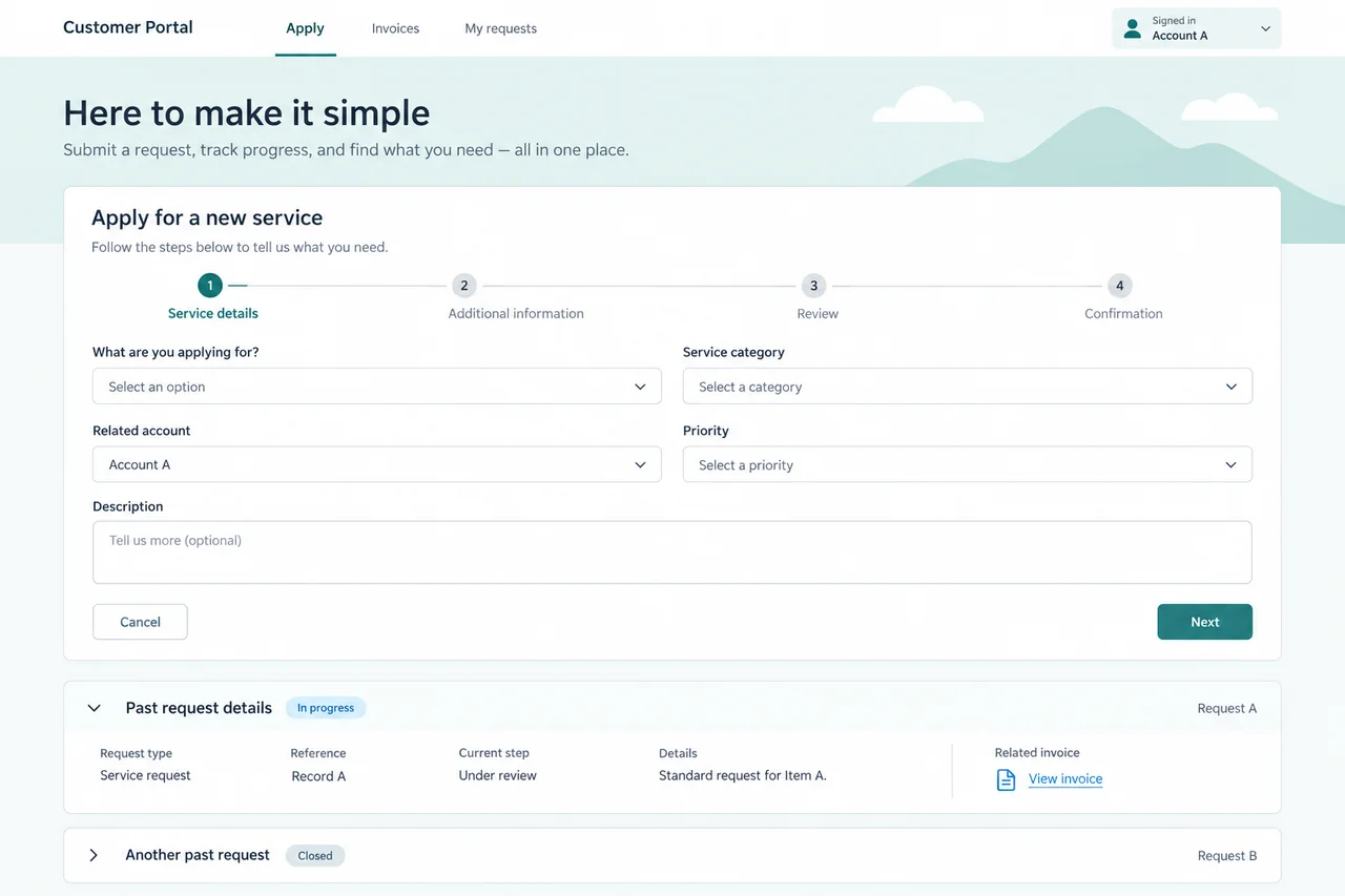 Customer portal with an application form, invoice access, and previous requests.