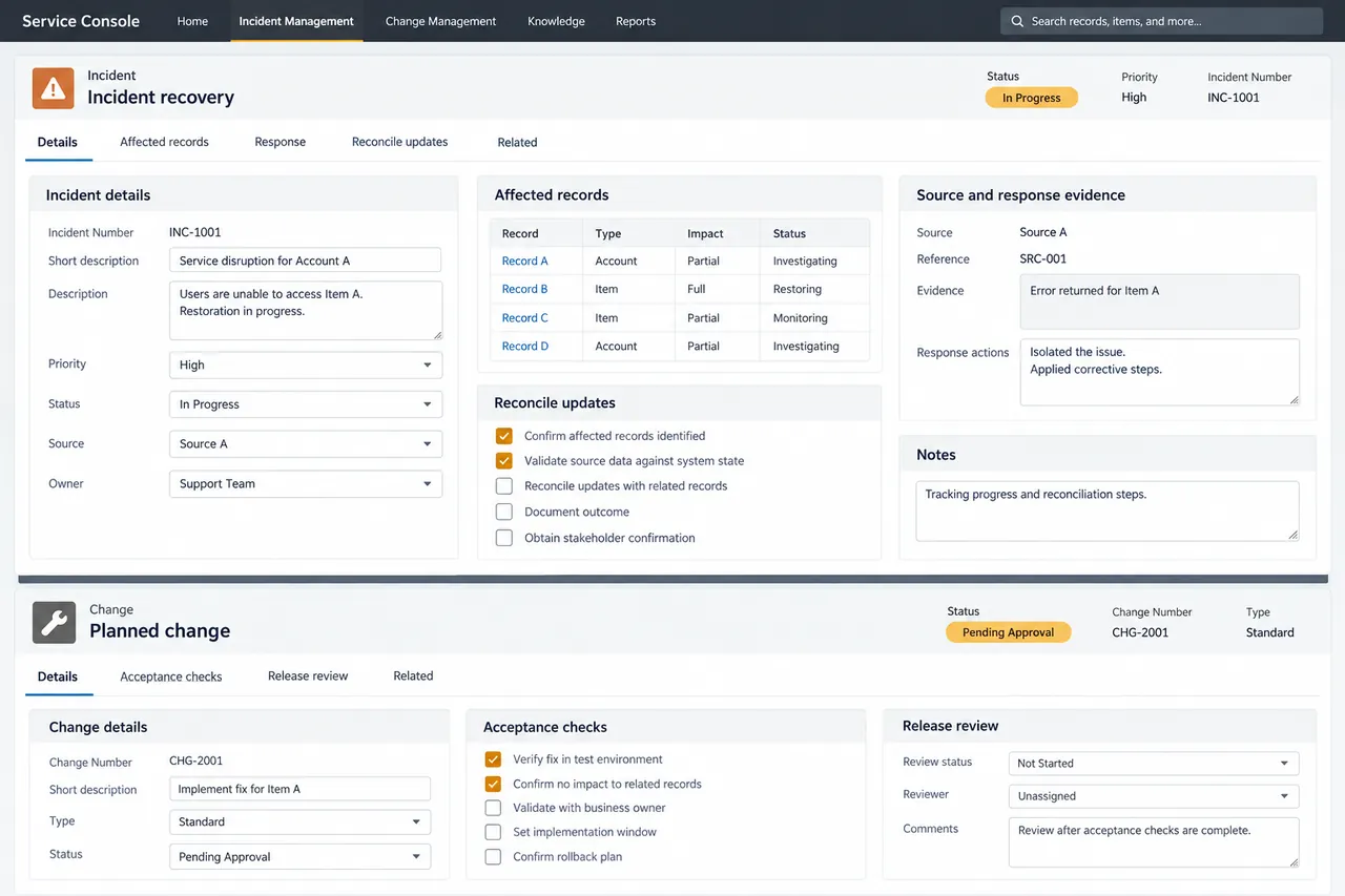 Illustrative support workspace separating incident reconciliation from a planned change record.