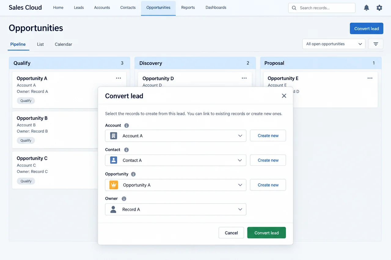 Sales pipeline board with a Lead conversion dialog for Account, Contact, and Opportunity records.